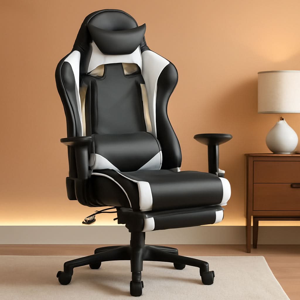 Ergonomic Gaming Chair With Lumbar Support Footrest White-0