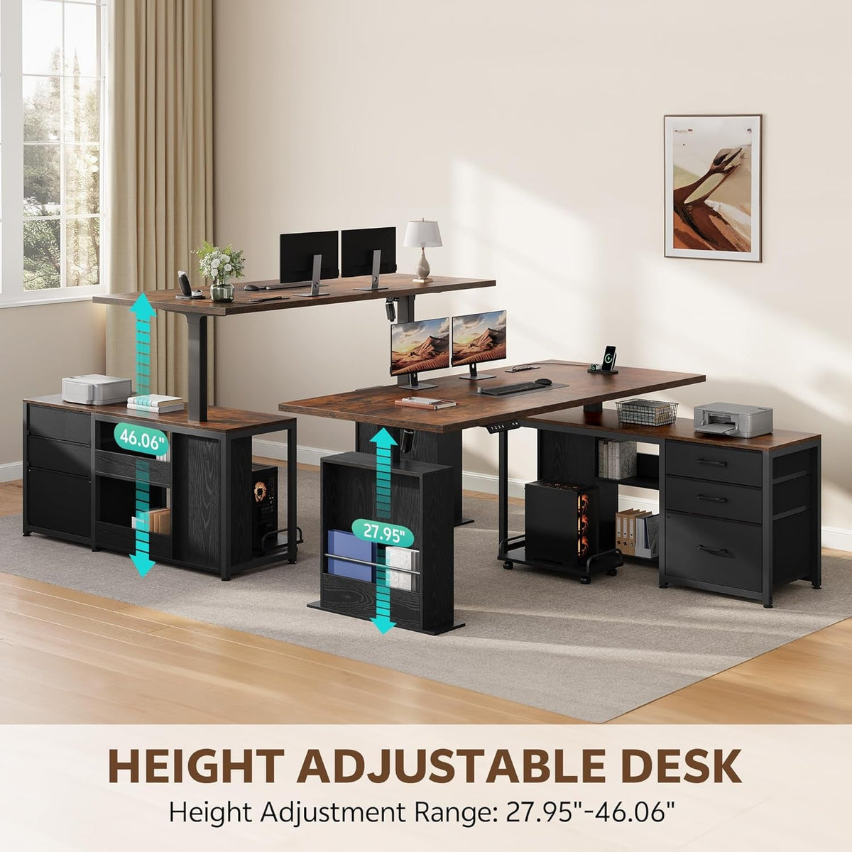 63 Inch L Shaped Desk Adjustable Height Rustic Brown Memory Presets-2