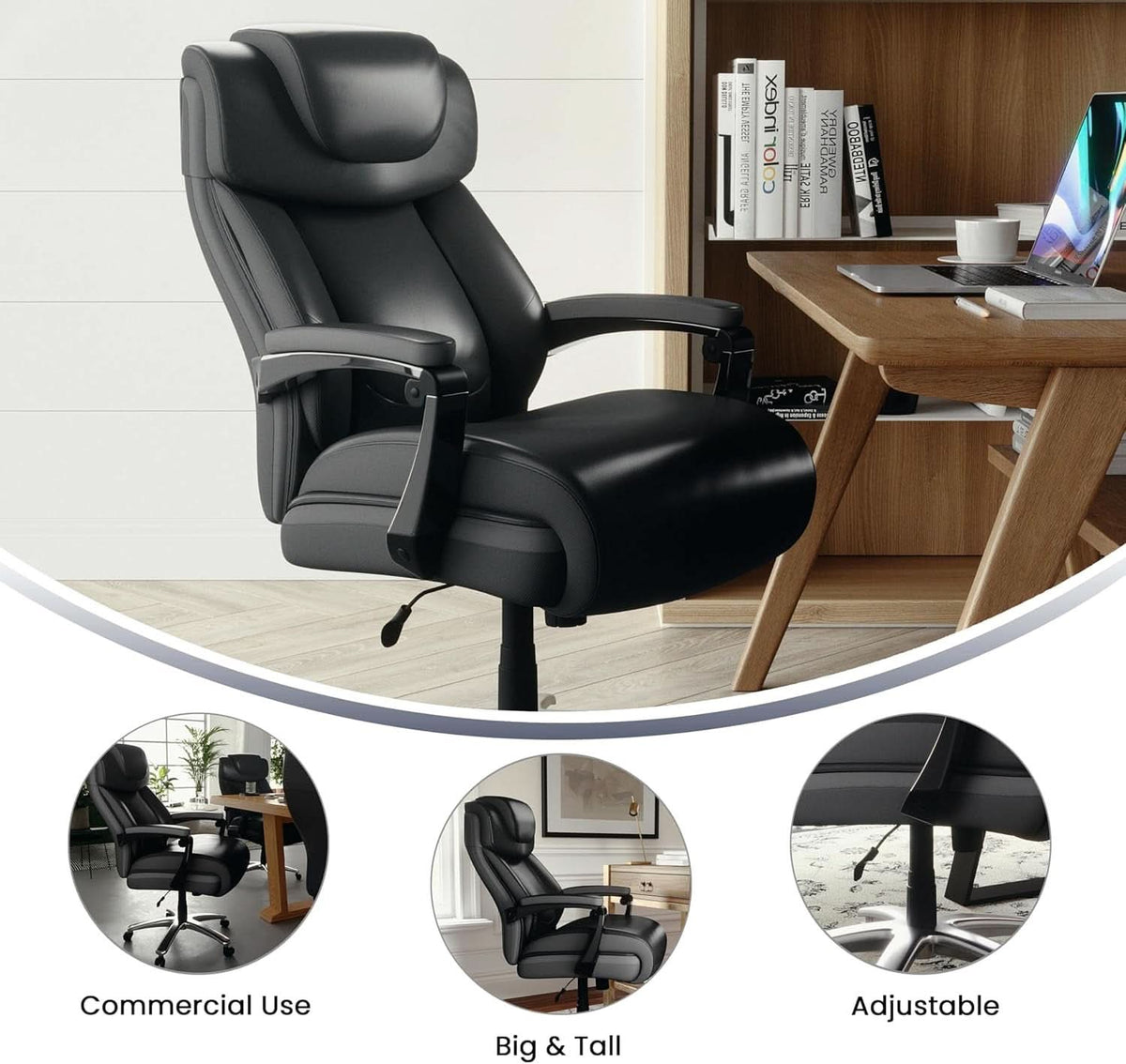 High-Back Headrest Ergonomic Office Chair Black LeatherSoft-3