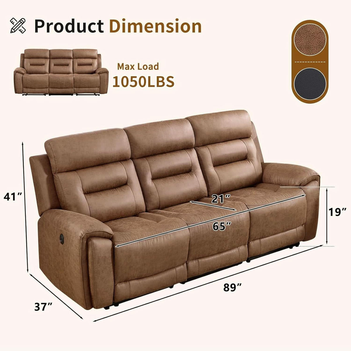 Premium Three Seater Faux Leather Electric Recliner Brown-1