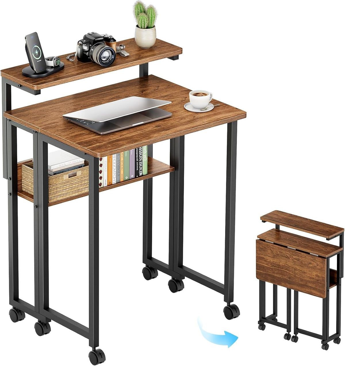 Walnut Foldable Desk With Adjustable Monitor Stand-0