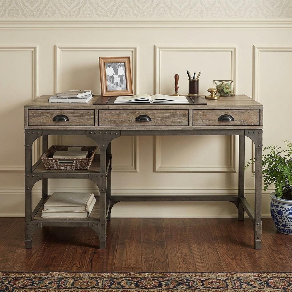 47" Natural and Gray Writing Desk with 3 Drawers