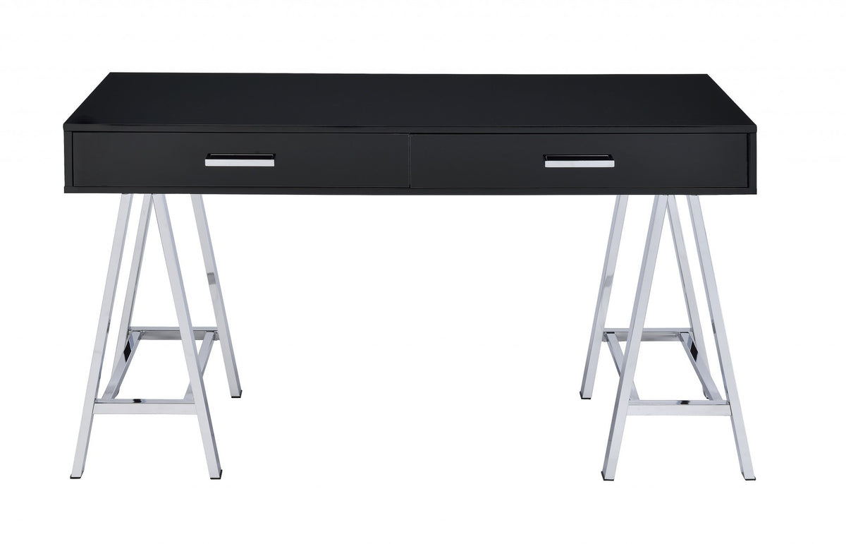 54" Black and Silver Writing Desk with 2 Drawers