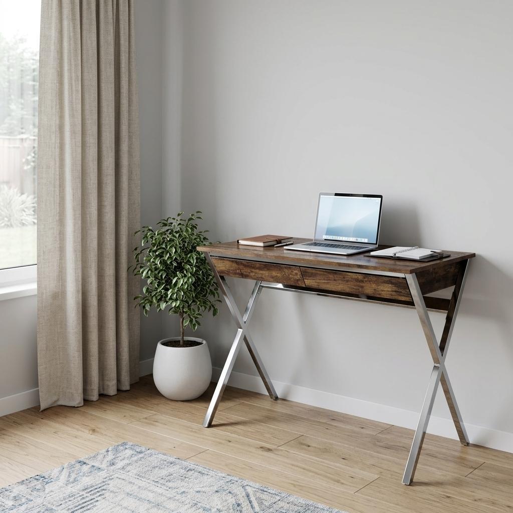 36" Brown and Silver Writing Desk with 2 Drawers