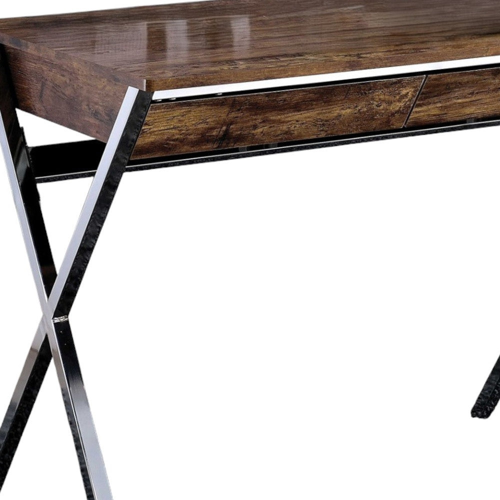 36" Brown and Silver Writing Desk with 2 Drawers