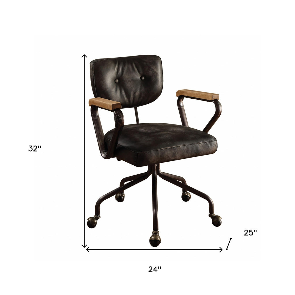 Black & Dark Brown Executive Office Chair | Adjustable Swivel, Top Grain Leather, Rolling Casters