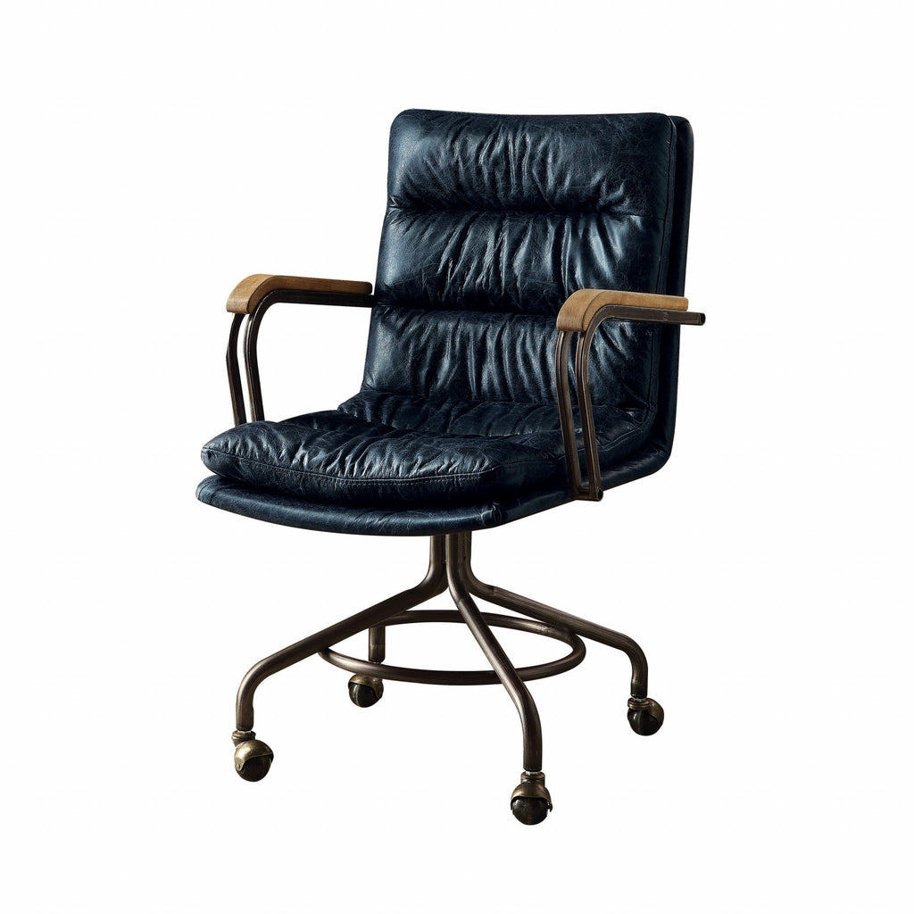 Navy Blue & Dark Brown Executive Office Chair | Swivel Leather, Rolling Casters, Premium Comfort