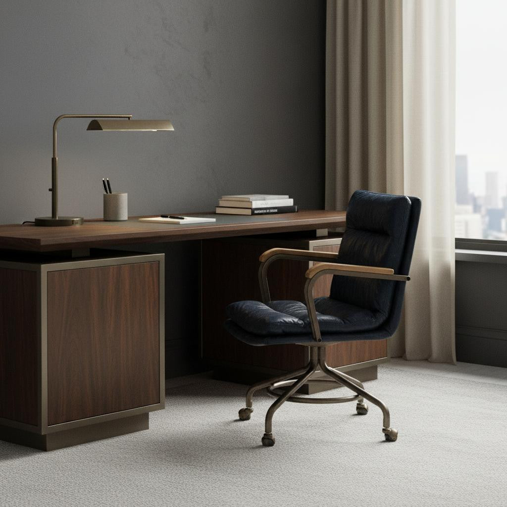 Navy Blue & Dark Brown Executive Office Chair | Swivel Leather, Rolling Casters, Premium Comfort