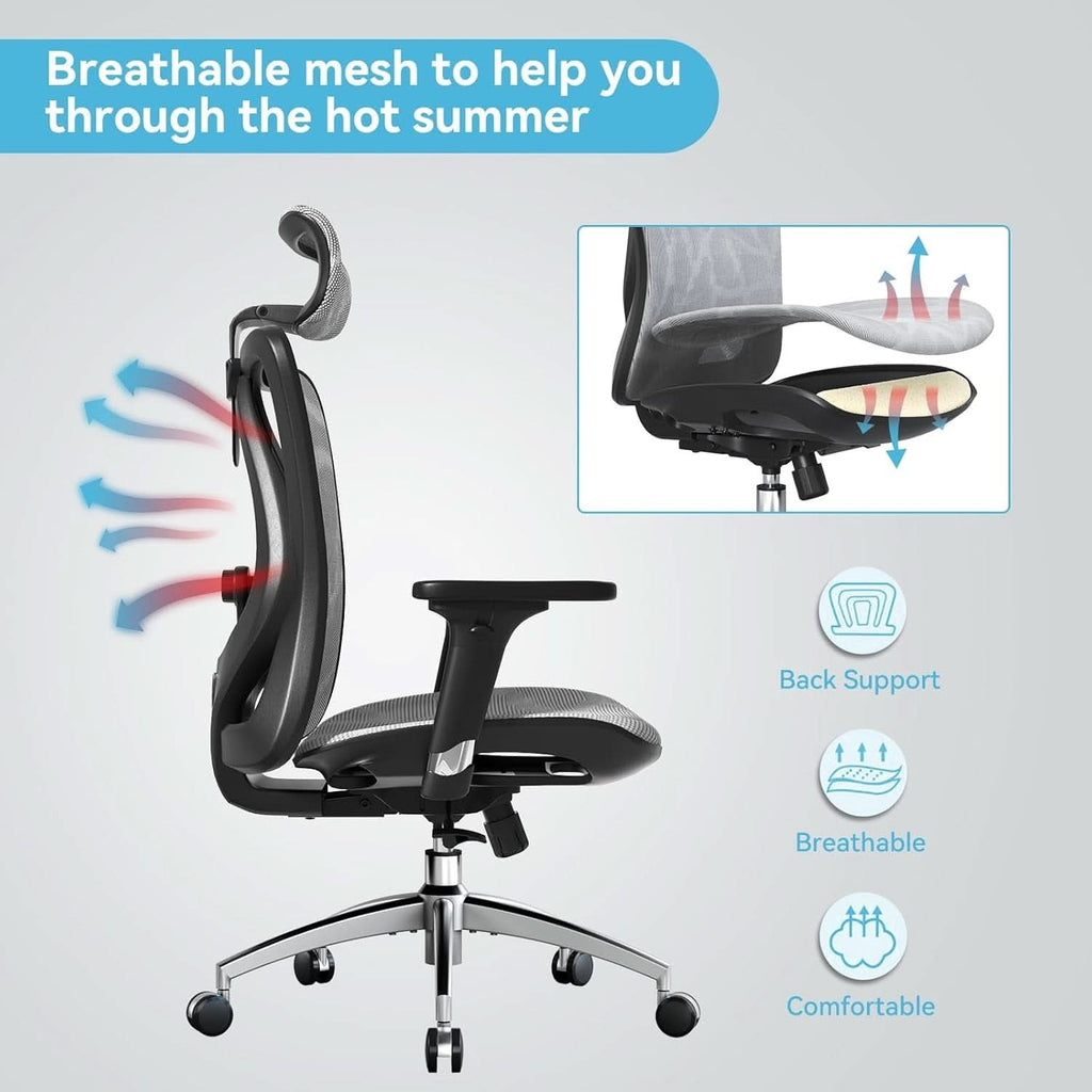 Grey Ergonomic Office Chair With Adjustable Headrest-3
