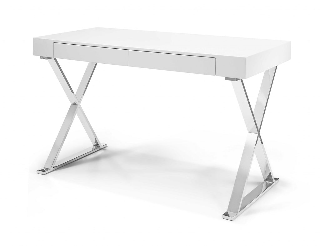 47" White and Silver Writing Desk with 2 Drawers