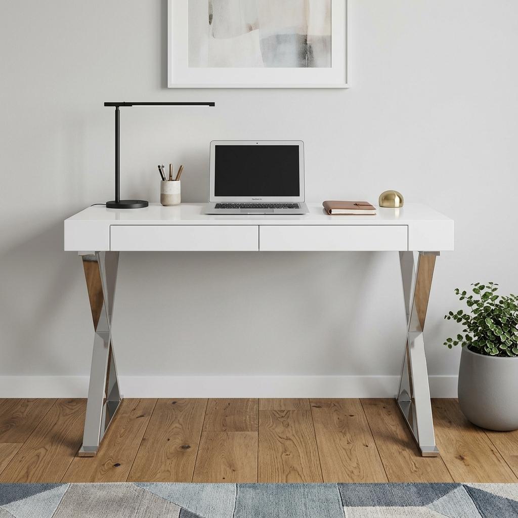 47" White and Silver Writing Desk with 2 Drawers