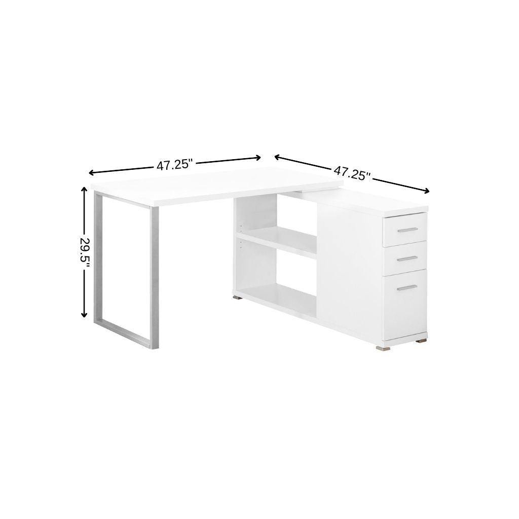 47" White and Silver L-Shaped Computer Desk with 3 Drawers