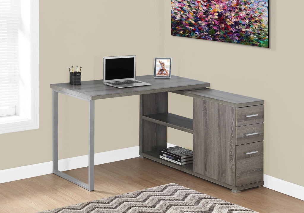 47" Taupe and Silver L-Shaped Computer Desk with 3 Drawers