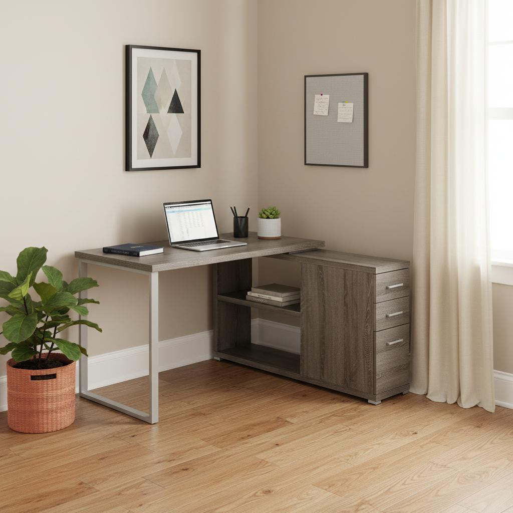 47" Taupe and Silver L-Shaped Computer Desk with 3 Drawers
