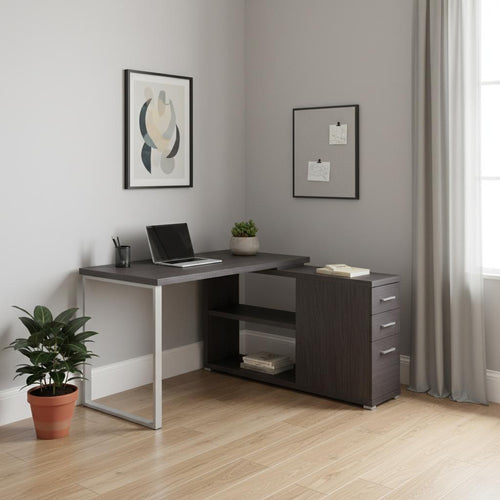 47" Gray and Silver L-Shaped Computer Desk with 3 Drawers