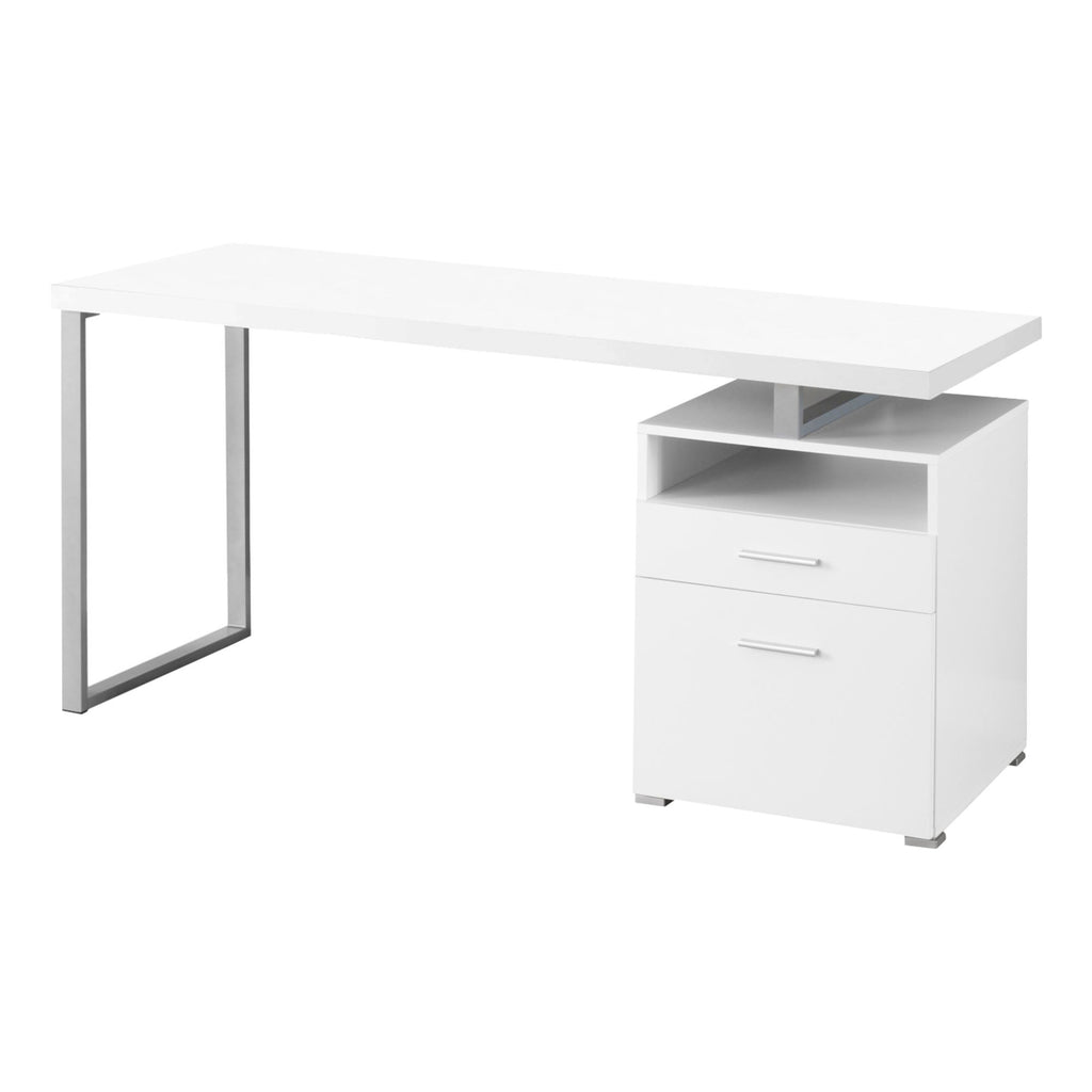 60" White and Silver Computer Desk with 2 Drawers