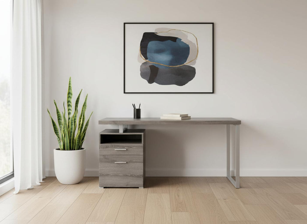 60" Taupe and Silver Computer Desk with 2 Drawers