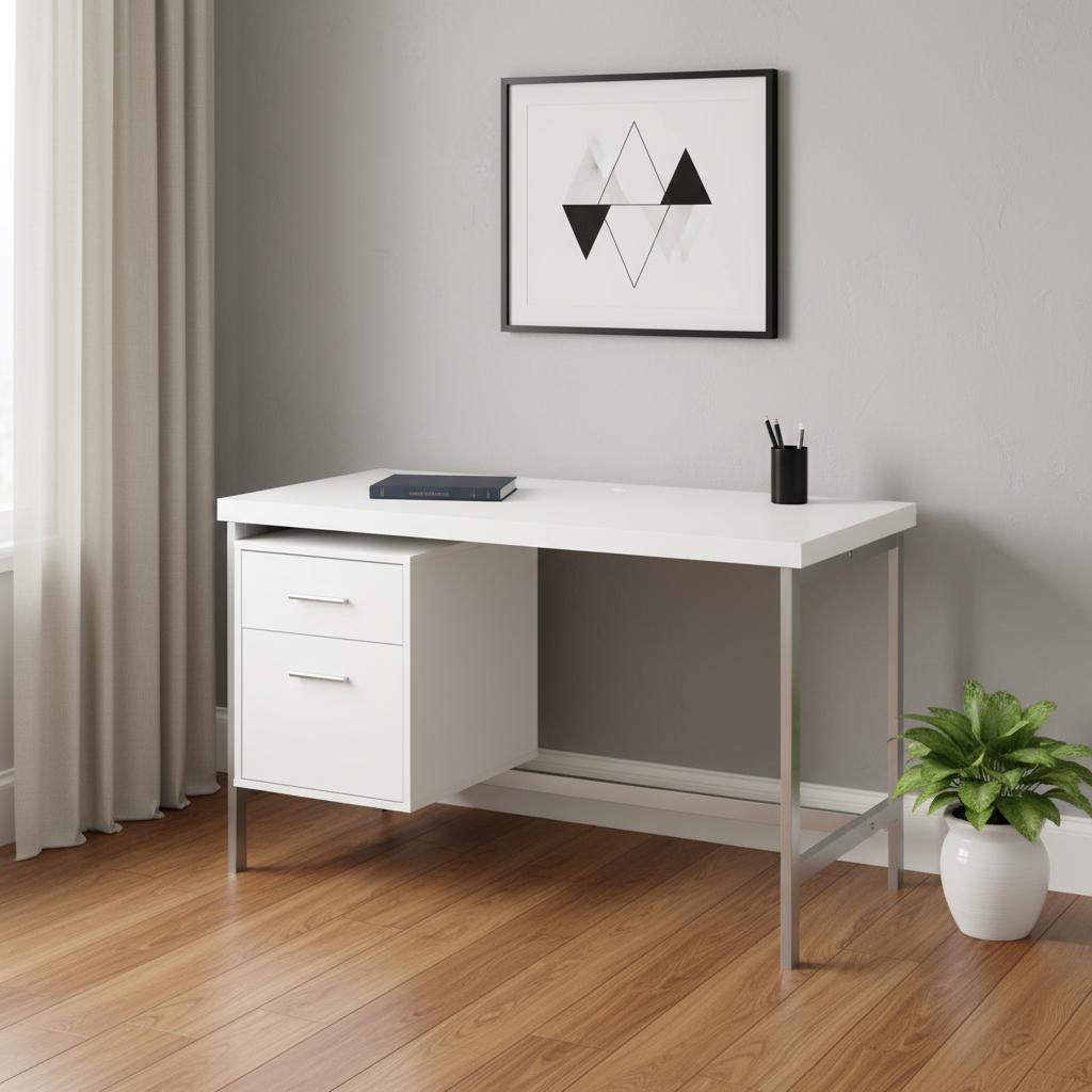 47" White and Silver Computer Desk with 2 Drawers