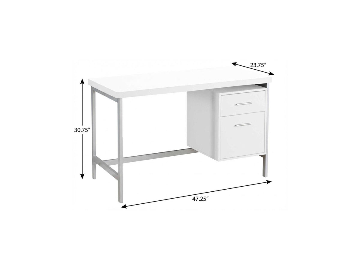 47" White and Silver Computer Desk with 2 Drawers