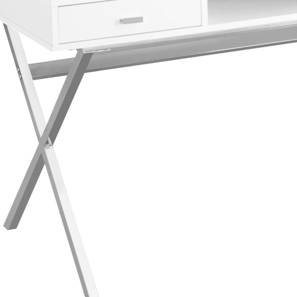 47" White and Silver Computer Desk with 2 Drawers