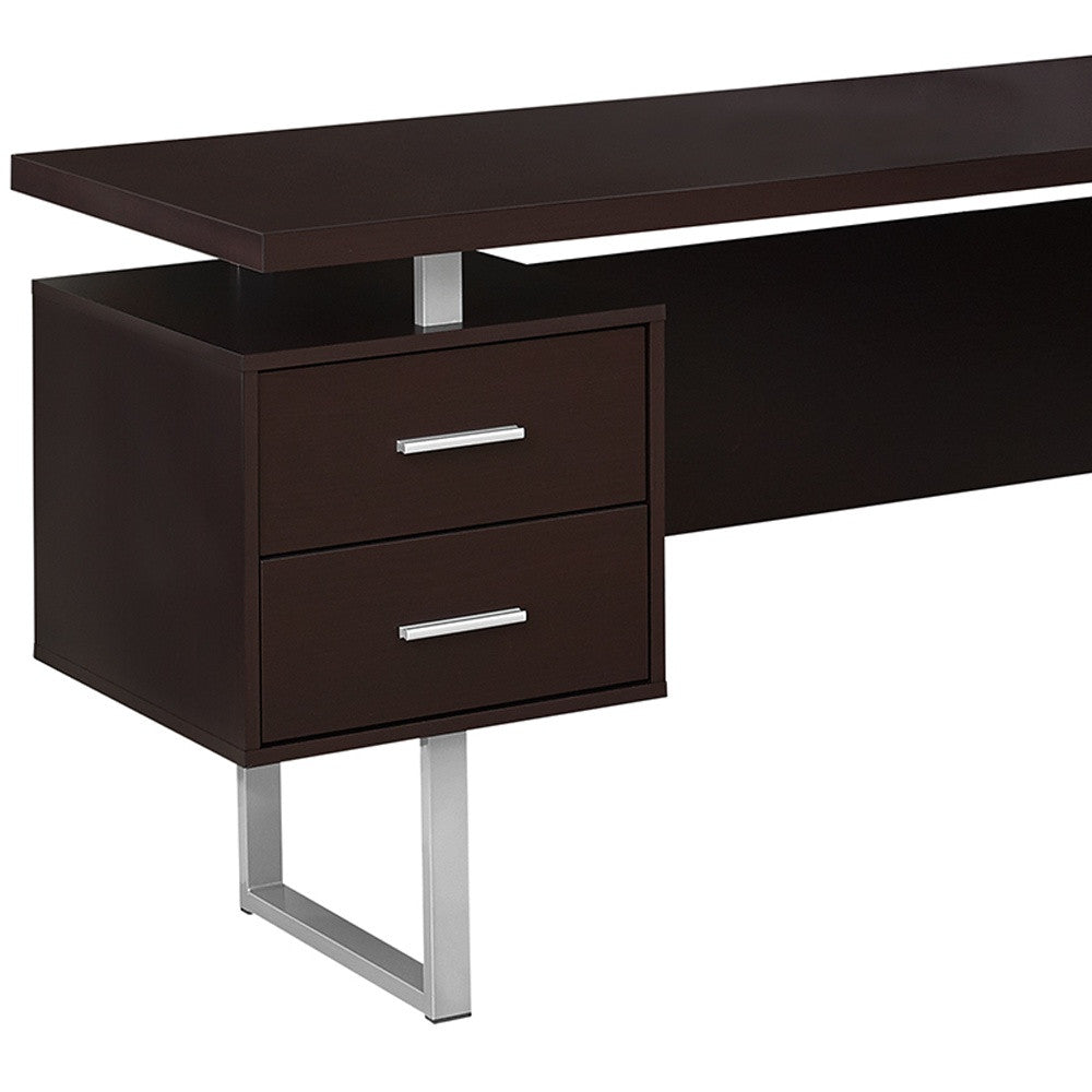 71" Brown and Silver L-Shaped Computer Desk with 3 Drawers