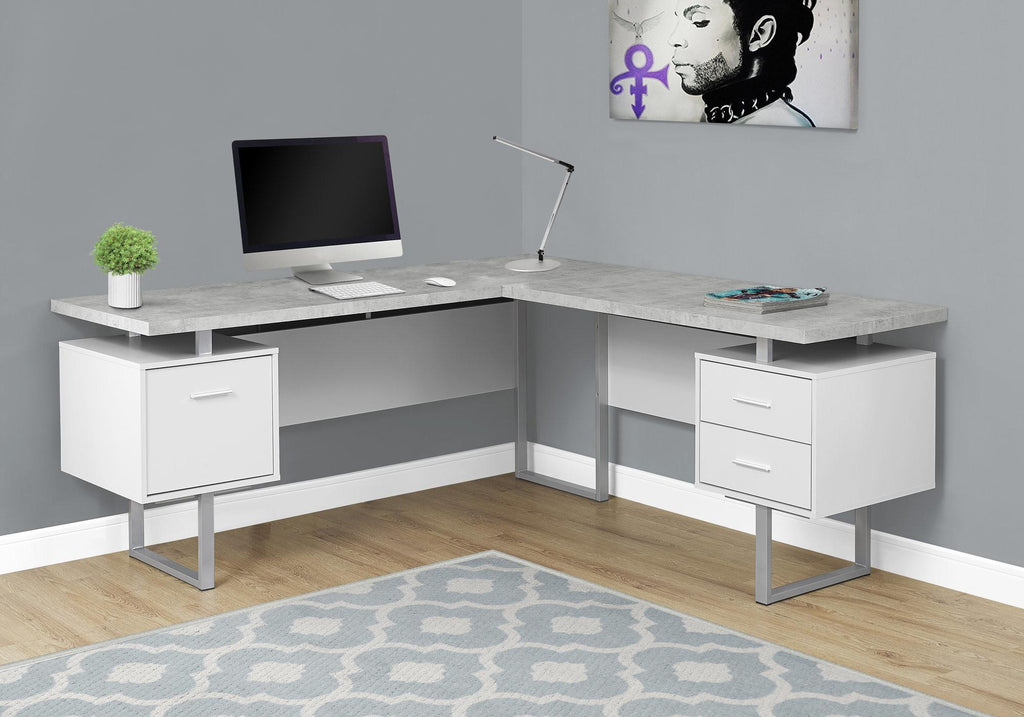 71" Gray and Silver L-Shaped Computer Desk with 3 Drawers