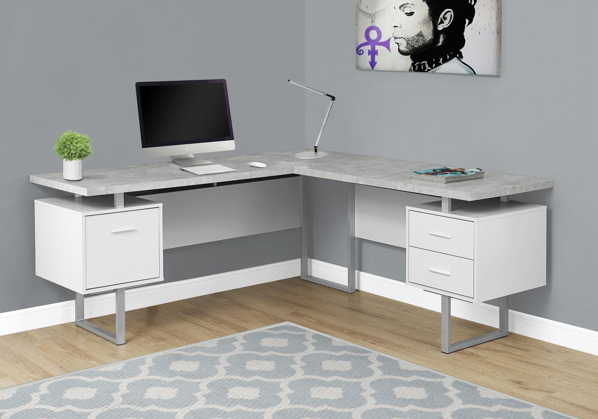 71" Gray and Silver L-Shaped Computer Desk with 3 Drawers