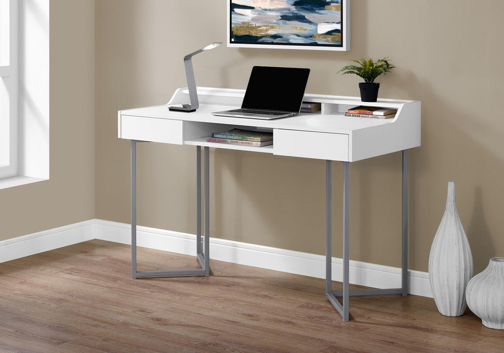 48" White and Silver Writing Desk with 2 Drawers