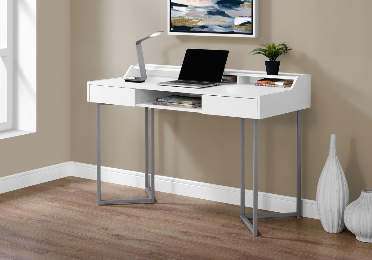 48" White and Silver Writing Desk with 2 Drawers