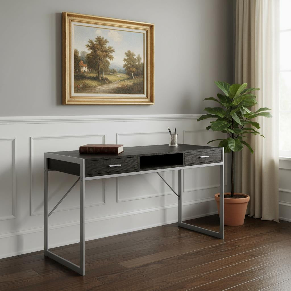 48" Dark Brown and Silver Computer Desk with 2 Drawers