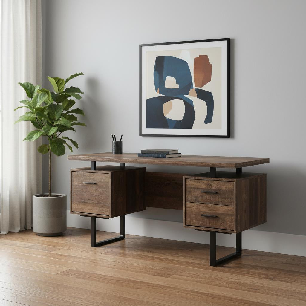 60" Brown and Black Computer Desk with 3 Drawers