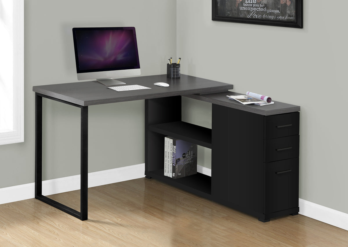47" Gray and Black L-Shaped Computer Desk with 3 Drawers