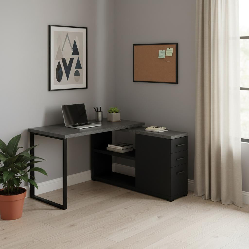 47" Gray and Black L-Shaped Computer Desk with 3 Drawers