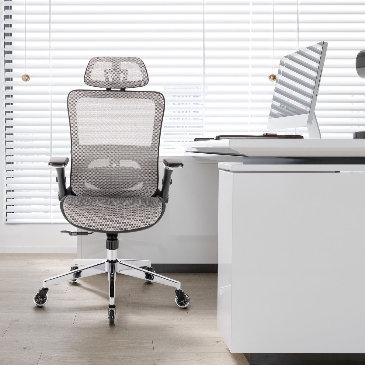 Gray High-Back Mesh Office Chair — Flip-Up Arms, Adjustable Headrest, 275 lb Capacity