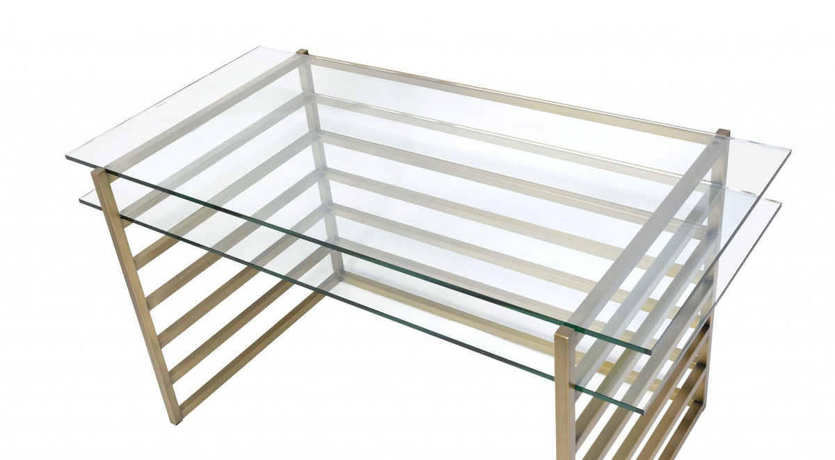 56" Clear Glass and Gold Mirrored Desk