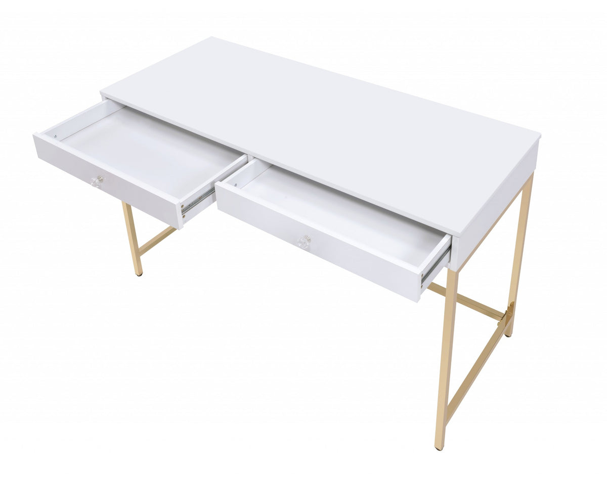 47" White and Gold Computer Desk with 2 Drawers