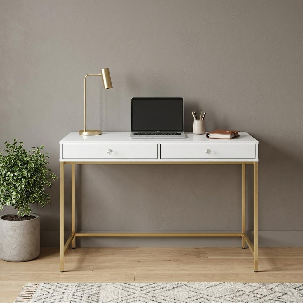 47" White and Gold Computer Desk with 2 Drawers