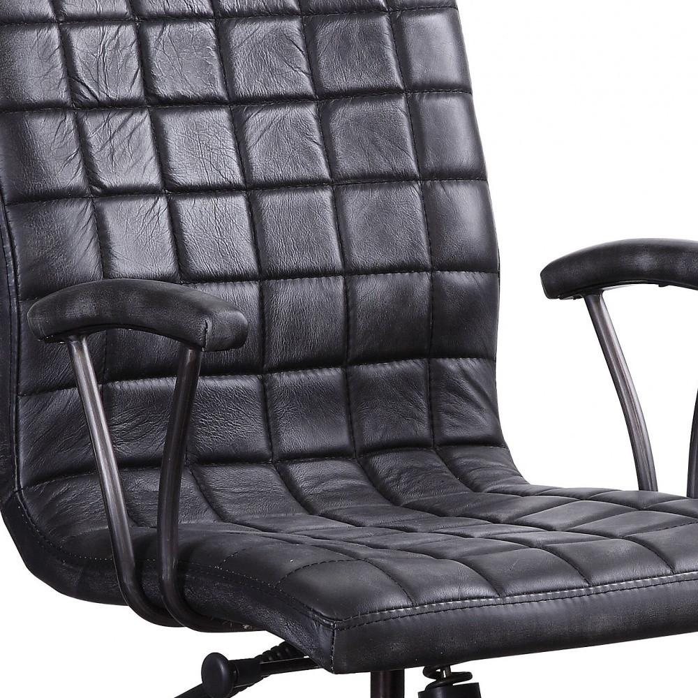 Vintage Black Top Grain Leather Executive Office Chair | Aluminum Base, Casters, 24"W x 36"H