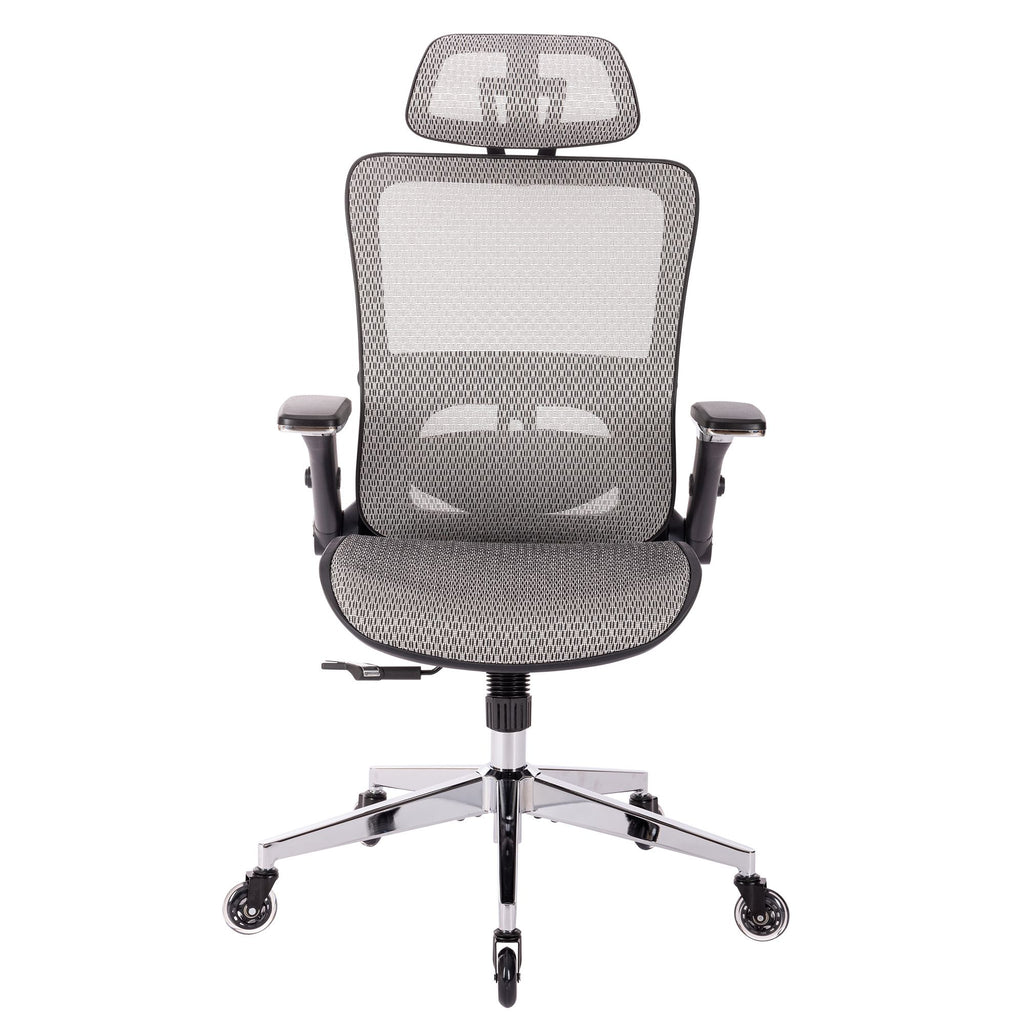 Gray High-Back Mesh Office Chair — Flip-Up Arms, Adjustable Headrest, 275 lb Capacity