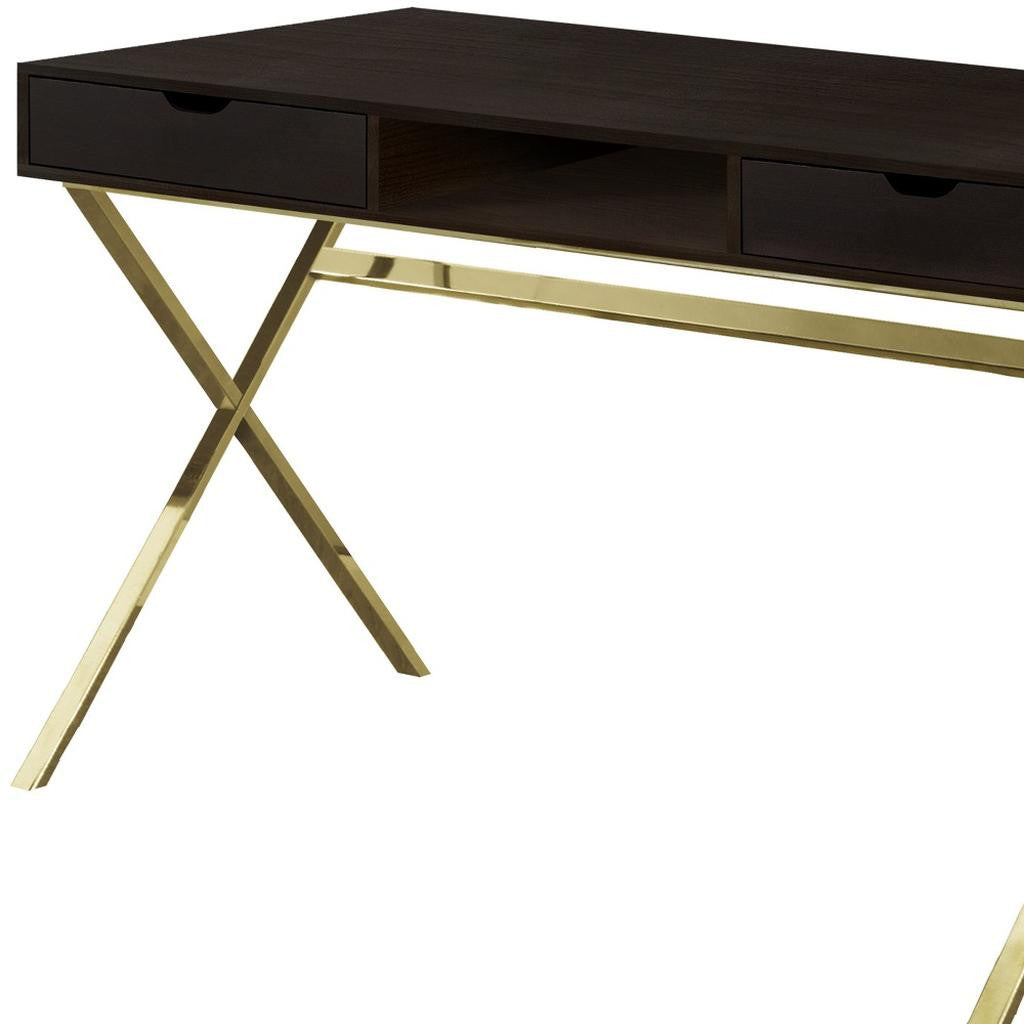 47" Dark Brown and Gold Computer Desk with 2 Drawers