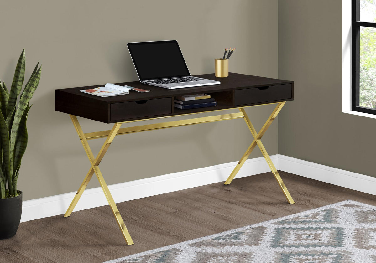 47" Dark Brown and Gold Computer Desk with 2 Drawers