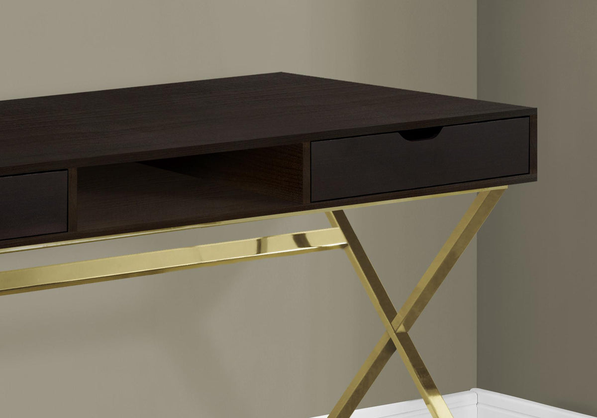 47" Dark Brown and Gold Computer Desk with 2 Drawers