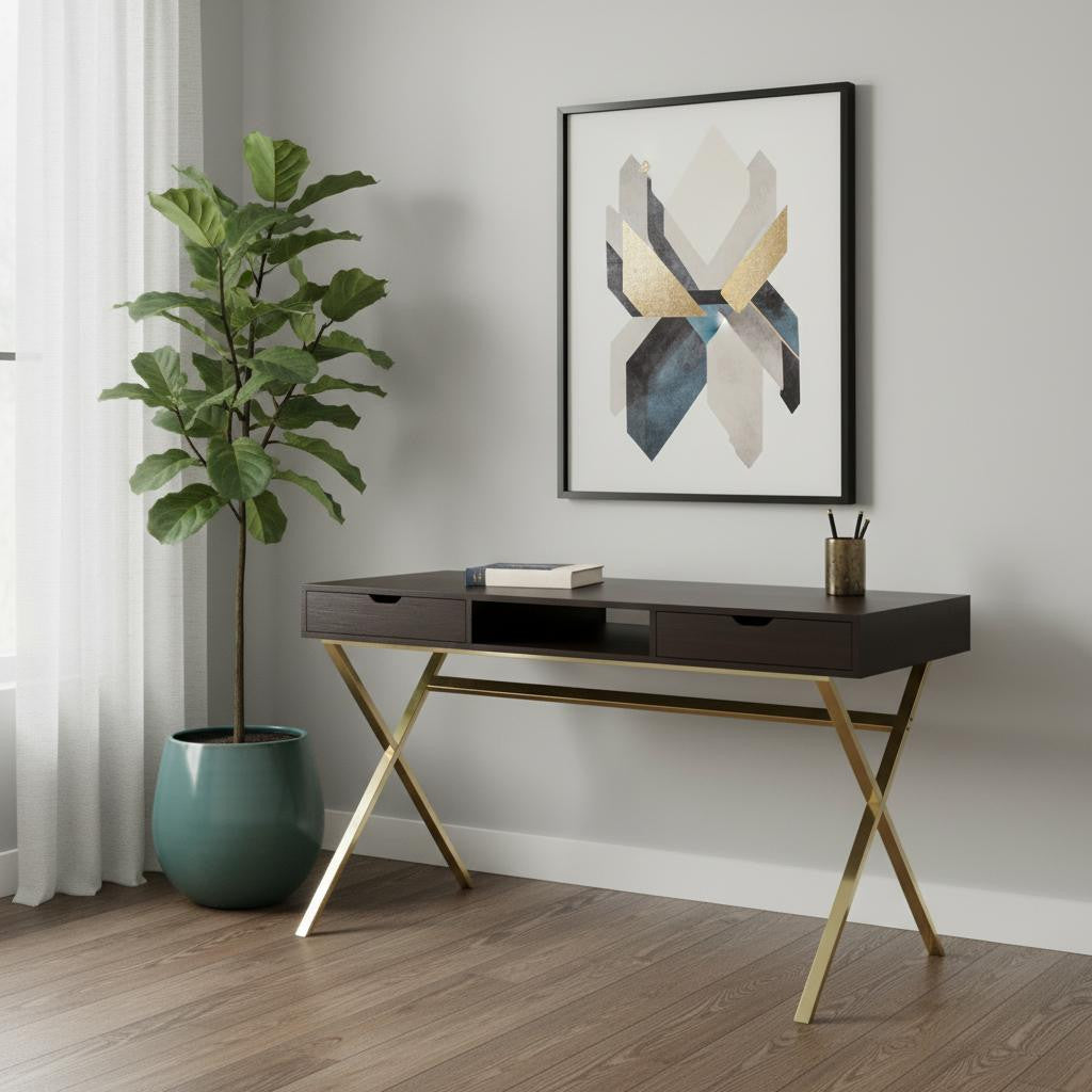 47" Dark Brown and Gold Computer Desk with 2 Drawers