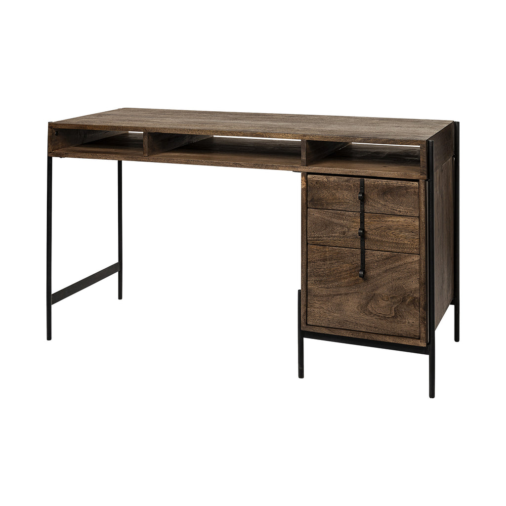 56" Medium Brown Wood Writing Desk with 3 Drawers and 3 Open Shelves