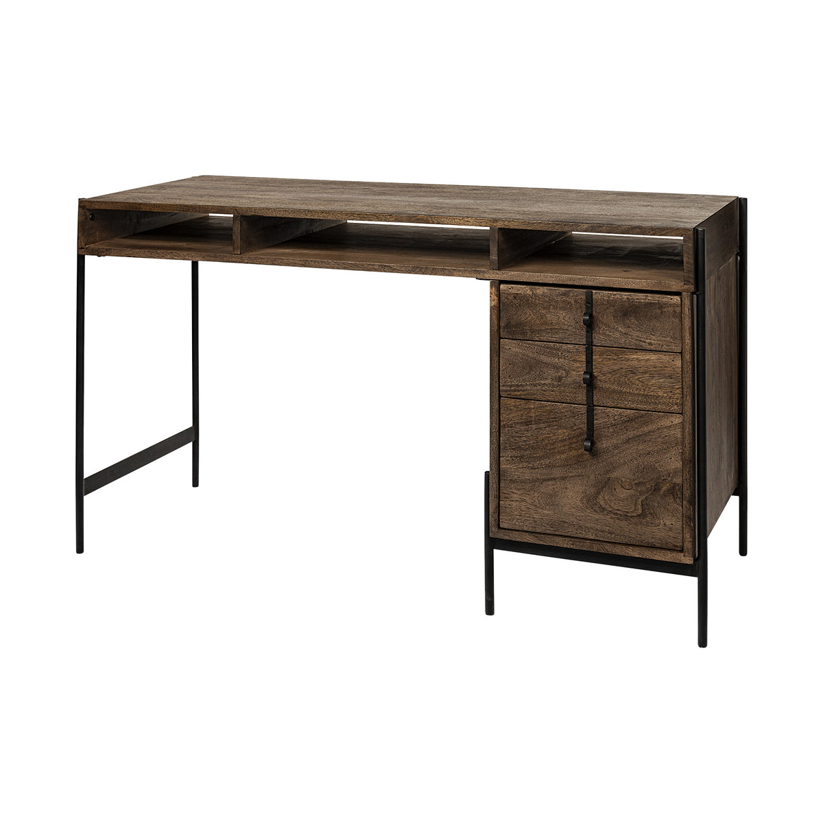 56" Medium Brown Wood Writing Desk with 3 Drawers and 3 Open Shelves