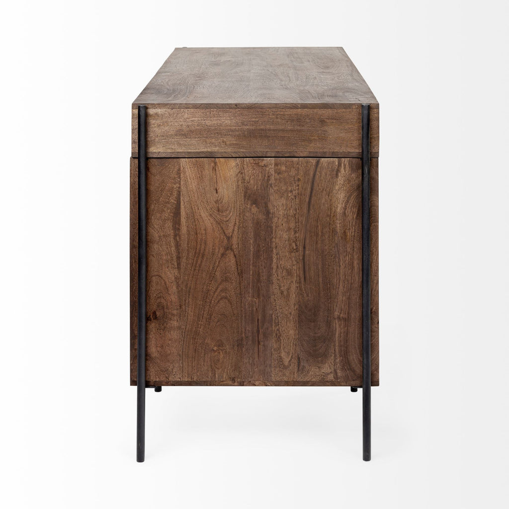 56" Medium Brown Wood Writing Desk with 3 Drawers and 3 Open Shelves