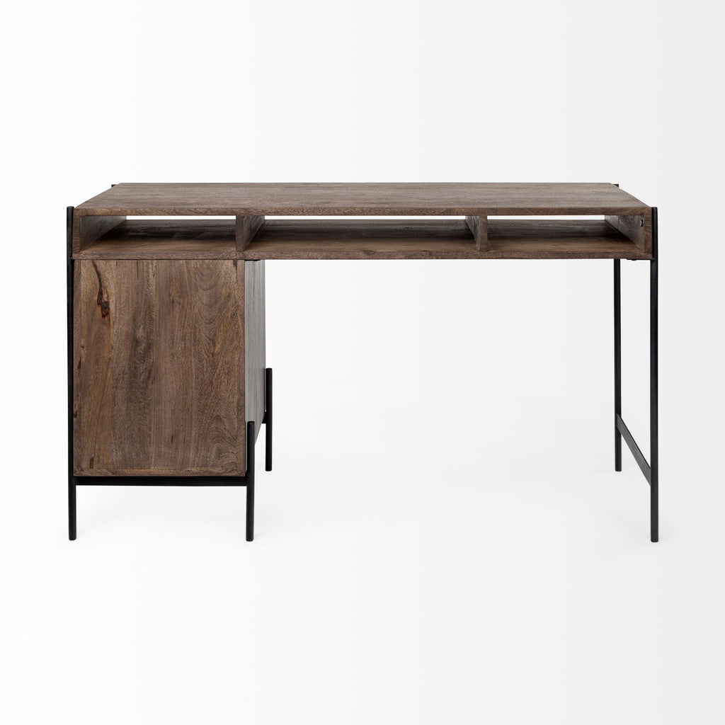 56" Medium Brown Wood Writing Desk with 3 Drawers and 3 Open Shelves