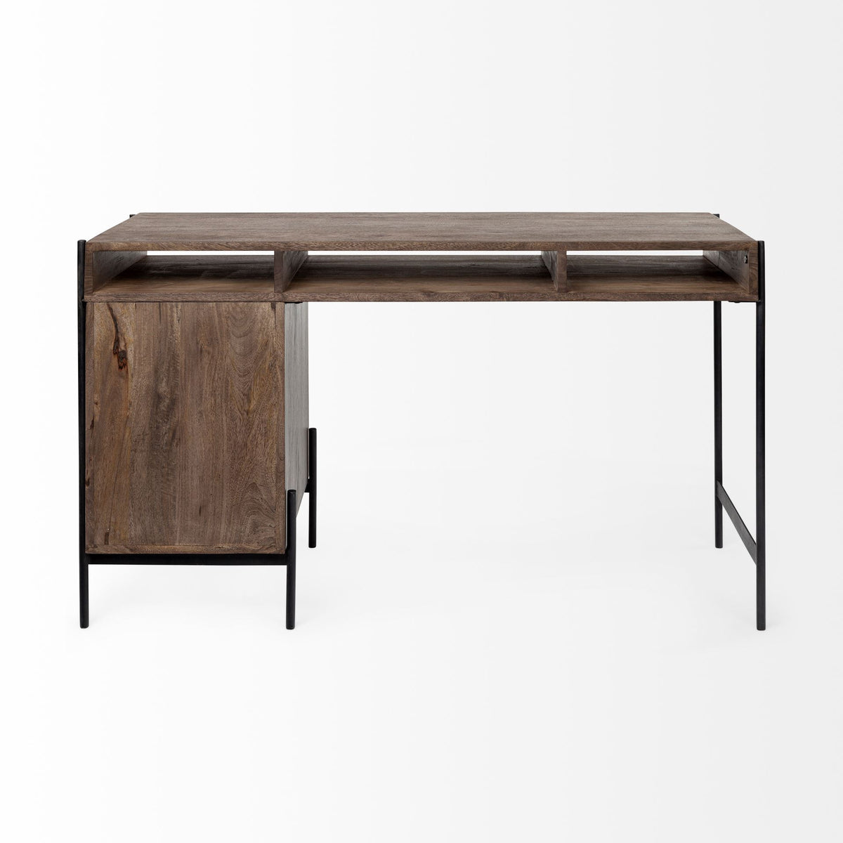 56" Medium Brown Wood Writing Desk with 3 Drawers and 3 Open Shelves