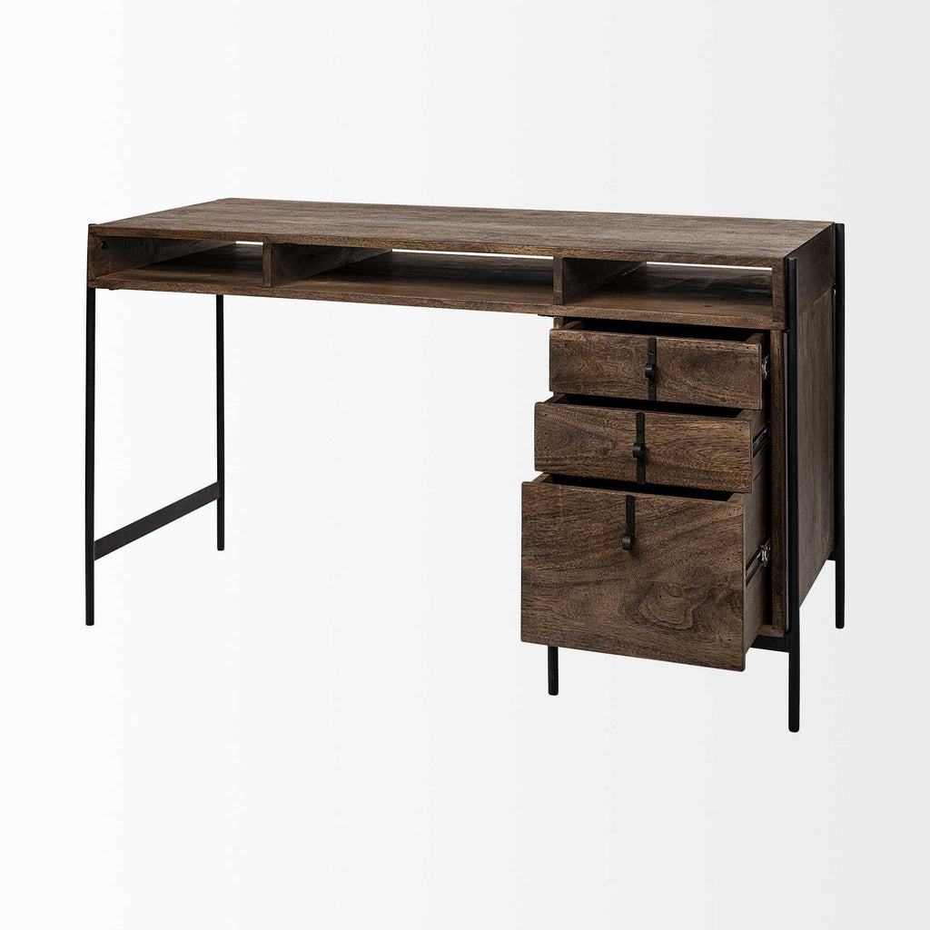 56" Medium Brown Wood Writing Desk with 3 Drawers and 3 Open Shelves