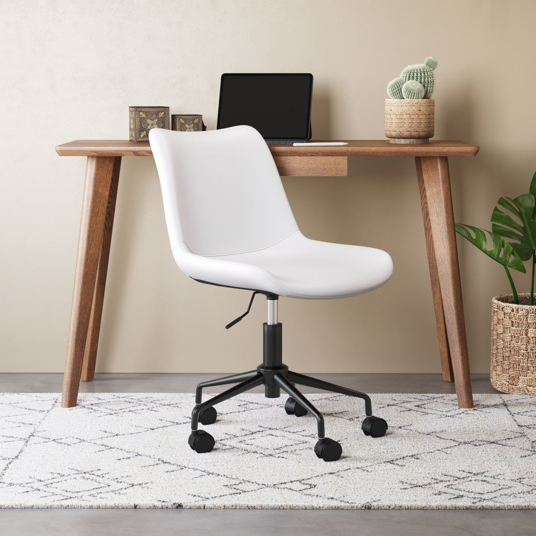 White & Black Adjustable Swivel Faux Leather Office Chair | Rolling Casters, Modern Style
